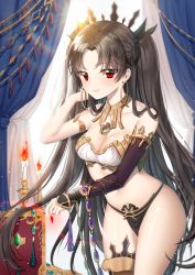 Rule 34 | 1girl, absurdres, bad id, bad pixiv id, bare shoulders, black hair, blush, breasts, candle, commentary request, curtains, daengdaeng, earrings, fate/grand order, fate (series), fire, hair ribbon, highres, hoop earrings, ishtar (fate), jewelry, long hair, looking at viewer, medium breasts, navel, parted bangs, red eyes, ribbon, single thighhigh, smile, solo, thighhighs, two side up