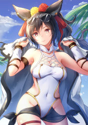 Rule 34 | 1girl, animal ears, bit (keikou syrup), black hair, blue sky, breasts, cleavage, closed mouth, cloud, commentary request, covered navel, day, erune, eyewear on head, granblue fantasy, hair ribbon, highres, ilsa34660285, long hair, looking at viewer, medium breasts, one-piece swimsuit, outdoors, ponytail, red eyes, red ribbon, ribbon, sky, smile, solo, sunglasses, swimsuit, white one-piece swimsuit