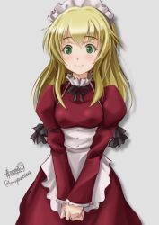 Rule 34 | 10s, 1girl, alternate costume, apron, artist name, bad id, bad twitter id, blonde hair, carpaccio (girls und panzer), closed mouth, cowboy shot, dress, enmaided, girls und panzer, green eyes, grey background, haruhata mutsuki, juliet sleeves, light smile, long dress, long hair, long sleeves, looking at viewer, maid, maid apron, maid headdress, puffy sleeves, red dress, signature, simple background, solo, standing, twitter username, v arms