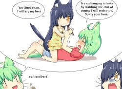 Rule 34 | 2girls, aged down, ahoge, animal ear fluff, animal ears, ass grab, bad id, bad pixiv id, bare arms, bare shoulders, barefoot, blue hair, blue shorts, blush, brown eyes, closed eyes, closed mouth, collarbone, dress, english text, green hair, greenteaneko, greenteaneko-chan, groping, hair between eyes, hair over one eye, highres, holding, holding pencil, long hair, multiple girls, nose blush, original, pencil, red shirt, shirt, short shorts, short sleeves, shorts, sleeveless, sleeveless dress, soles, sweat, tail, very long hair, wavy mouth, yellow dress