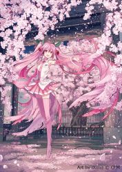 Rule 34 | 1girl, absurdly long hair, architecture, arm up, artist name, bare shoulders, cherry blossoms, cherry hair ornament, commentary, crypton future media, detached sleeves, east asian architecture, falling petals, floating hair, flower, food-themed hair ornament, full body, hair ornament, hatsune miku, headphones, ixima, long hair, looking at viewer, miniskirt, necktie, official art, open mouth, outstretched arm, petals, pink eyes, pink flower, pink footwear, pink hair, pink necktie, pink skirt, pink sleeves, pink thighhighs, pleated skirt, sakura miku, scenery, shirt, skirt, sleeveless, sleeveless shirt, smile, solo, spring (season), thighhighs, tree, twintails, very long hair, vocaloid, white shirt, zettai ryouiki