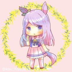 Rule 34 | 1girl, :o, animal ears, black bow, blouse, blue shirt, blush, bow, brown footwear, chibi, commentary request, ear ribbon, full body, green ribbon, hand up, horse ears, horse girl, horse tail, kou hiyoyo, mejiro mcqueen (umamusume), parted lips, pink background, pleated skirt, puffy short sleeves, puffy sleeves, purple eyes, purple hair, purple shirt, ribbon, school uniform, shirt, short sleeves, simple background, skirt, solo, standing, swept bangs, tail, thighhighs, tracen school uniform, twitter username, umamusume, white skirt, white thighhighs