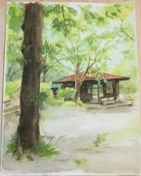 Rule 34 | blue sky, day, forest, grass, highres, nature, no humans, nori02222, original, painting (medium), park, scenery, shelter, sky, traditional media, tree, watercolor (medium)