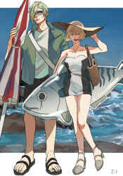 Rule 34 | 1boy, 1girl, alternate costume, beach, beach umbrella, black footwear, black one-piece swimsuit, black shorts, blonde hair, breasts, chinese commentary, cleavage, closed mouth, commentary request, dated commentary, frown, full body, genderswap, genderswap (mtf), green hair, green shirt, grey footwear, hair over one eye, hat, higekiri (touken ranbu), high heels, hizamaru (touken ranbu), holding, holding umbrella, looking at viewer, medium breasts, one-piece swimsuit, open clothes, open mouth, open shirt, sandals, shirt, short hair, shorts, smile, standing, strapless, strapless one-piece swimsuit, sun hat, sunglasses, swimsuit, touken ranbu, two-tone swimsuit, umbrella, water, white one-piece swimsuit, white shirt, yellow eyes, zi tsas