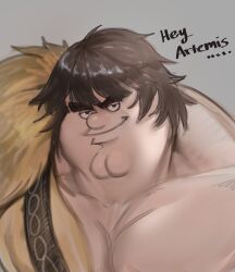 Rule 34 | 1boy, absurdres, brown eyes, brown hair, cleft chin, closed mouth, cosplay, double chin, english text, family guy, fate/grand order, fate (series), highres, kowai (iamkowai), looking at viewer, male focus, muscular, muscular male, peter griffin, short hair, smile, solo, super orion (fate), super orion (fate) (cosplay), thick eyebrows