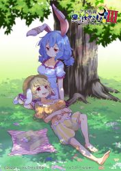 Rule 34 | 2girls, barefoot, blonde hair, blue dress, blue hair, breasts, cabbie hat, cleavage, commentary request, dango, day, dress, earclip, food, frilled dress, frills, grass, groin, happy, hat, highres, lap pillow, large breasts, medium breasts, midriff, multiple girls, navel, orange shirt, outdoors, rabbit girl, red eyes, ringo (touhou), seiran (touhou), shirt, soles, tanasuke, toes, touhou, translation request, tree, wagashi, yellow shirt