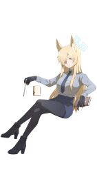 Rule 34 | 1girl, absurdres, animal ears, black footwear, black gloves, black pantyhose, blonde hair, blue archive, blue eyes, blue necktie, blue shirt, blue skirt, book, clenched teeth, coffee mug, collared shirt, cup, extra ears, gloves, hair over one eye, halo, high heels, highres, holding, holding book, if f, invisible chair, kanna (blue archive), long hair, long sleeves, looking at viewer, mug, necktie, pantyhose, sharp teeth, shirt, shirt tucked in, simple background, sitting, skirt, solo, teeth, white background