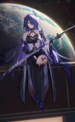 Rule 34 | 1girl, absurdres, acheron (honkai: star rail), asymmetrical footwear, black choker, black footwear, black gloves, black shorts, boots, breasts, choker, cleavage, commentary, gloves, hair ornament, hair over one eye, highres, holding, holding sword, holding weapon, honkai: star rail, honkai (series), leg tattoo, long hair, looking at viewer, planet, purple eyes, purple hair, scabbard, sheath, sheathed, short shorts, shorts, single bare shoulder, solo, sword, sxing699, tattoo, thigh boots, very long hair, weapon
