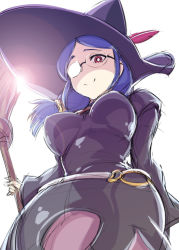 Rule 34 | 10s, 1girl, belt, black dress, blue hair, crescent, dress, eyelashes, feathers, glasses, hair over shoulder, hat, hat feather, little witch academia, looking at viewer, red eyes, simple background, sketch, smile, solo, ueyama michirou, ursula callistis, wand, white background, wide sleeves, witch, witch hat
