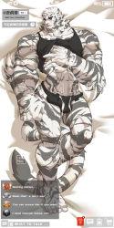 Rule 34 | 1boy, abs, absurdres, animal ears, arknights, bara, black male underwear, black tank top, bulge, clothes lift, dakimakura (medium), erection, erection under clothes, fingernails, full body, furry, furry male, highres, jockstrap, laohuhe, large pectorals, lifting own clothes, lying, making-of available, male focus, male underwear, mountain (arknights), muscular, muscular male, no pants, on back, pectorals, scar, scar across eye, scar on face, sharp fingernails, shirt lift, short hair, solo, stomach, tank top, thick thighs, thighs, tiger boy, tiger ears, underwear, white fur, white hair