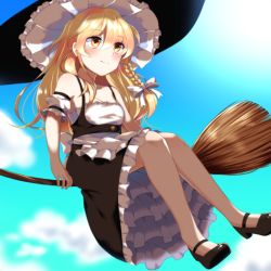 Rule 34 | 1girl, adapted costume, apron, bare shoulders, black dress, black footwear, blonde hair, blue sky, blush, bow, braid, breasts, broom, broom riding, cleavage, cloud, commentary request, cuffs, day, dress, hair bow, hat, kirisame marisa, mary janes, shoes, side braid, single braid, sky, smile, solo, spaghetti strap, touhou, waist apron, white bow, witch hat, yellow eyes, yururi nano