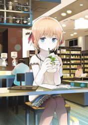 Rule 34 | 1girl, bare arms, blonde hair, blue eyes, book, chair, cup, drinking, drinking straw, eyebrows, feet out of frame, hair ribbon, highres, holding, holding cup, indoors, knees together feet apart, light, notebook, open book, original, pen, red ribbon, ribbon, samidare (hoshi), shirt, short hair, short sleeves, sitting, solo focus, starbucks, table, tray, whipped cream, white shirt