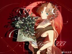 Rule 34 | 1girl, absurdres, black dress, bouquet, breasts, character name, chinese commentary, cleavage, closed mouth, commentary request, crescent, crescent hair ornament, crescent necklace, dress, flower, green eyes, hair ornament, head wreath, highres, holding, holding bouquet, hua shen luo, jewelry, long hair, looking at viewer, medium breasts, necklace, orange hair, red background, reverse:1999, shadow, sleeveless, sleeveless dress, smile, solo, upper body, weibo username