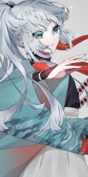 1girl 625chin blue_eyes blue_kimono commentary_request fate/samurai_remnant fate_(series) floating_hair grey_background grey_hair highres japanese_clothes katana kimono long_hair looking_at_viewer ponytail simple_background solo sword weapon wide_sleeves yui_shousetsu_(fate)