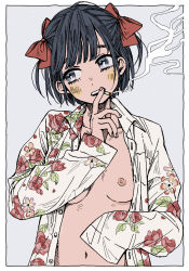 Rule 34 | 1girl, blue eyes, blue hair, blush, border, bow, breasts, breasts apart, buttons, cigarette, collared shirt, commentary, dark blue hair, eyelashes, fingernails, floral print, grey background, hair bow, head tilt, holding, holding cigarette, blue background, long sleeves, looking to the side, navel, nipples, no bra, open clothes, open mouth, open shirt, original, outside border, pink nails, print shirt, red bow, rose print, ryuushi, shirt, short hair, sideways glance, simple background, sleeves past fingers, sleeves past wrists, small breasts, smoke trail, smoking, solo, stomach, teeth, unbuttoned, upper body, upper teeth only, white border, white shirt