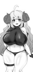 Rule 34 | 1girl, ahoge, anila (granblue fantasy), blunt bangs, blush, breasts, chiyo koharu, curvy, granblue fantasy, greyscale, huge breasts, long hair, looking at viewer, monochrome, open mouth, simple background, smile, solo, thick thighs, thighs, white background