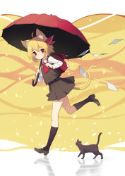 Rule 34 | 1girl, adapted costume, ahoge, animal ears, ascot, backpack, bag, black cat, black skirt, black socks, black vest, blonde hair, blouse, brown footwear, cat, cat ears, cat tail, commentary request, from side, full body, hair between eyes, hair ribbon, highres, holding, holding umbrella, kemonomimi mode, kneehighs, loafers, long sleeves, looking at viewer, miniskirt, paper, pleated skirt, red ascot, red eyes, red ribbon, red umbrella, reflection, ribbon, ripples, rumia, running, sh (shinh), shirt, shoes, short hair, skirt, socks, solo, tail, thighs, touhou, two-tone background, umbrella, vest, white background, white shirt, wing collar, yellow background