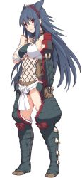 Rule 34 | 1girl, animal ear request, armor, asymmetrical sleeves, black panties, breasts, brown eyes, clenched hand, fishnets, full body, gauntlets, grey hair, hair between eyes, hairband, long hair, looking at viewer, medium breasts, monster hunter (series), nargacuga (armor), navel, panties, red hairband, scale armor, scales, shiseki hirame, simple background, solo, standing, stomach, underwear, uneven sleeves, white background