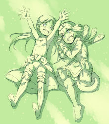 Rule 34 | 2girls, :d, armpits, barefoot, blush, breasts, clothes around waist, cr72, dress, from above, full body, gloves, green theme, jacket, jacket around waist, long hair, looking at viewer, low twintails, lying, made in abyss, monochrome, multiple girls, on back, on side, open mouth, outstretched arms, own hands together, prushka, riko (made in abyss), sketch, small breasts, smile, twintails