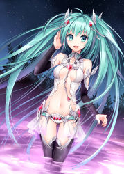 Rule 34 | 1girl, alternate costume, aqua eyes, aqua hair, bad id, bad pixiv id, bare shoulders, black thighhighs, blush, breasts, center opening, cleavage, elbow gloves, gem, gloves, hair ornament, hatsune miku, hatsune miku (append), jewelry, long hair, lots of jewelry, nardack, navel, open mouth, sky, smile, solo, star (sky), starry sky, thigh gap, thighhighs, thighs, twintails, very long hair, vocaloid, vocaloid append, wading, water