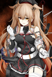 Rule 34 | 1girl, anchor, asymmetrical clothes, black ribbon, black serafuku, black skirt, breasts, brown eyes, cuts, gloves, gradient hair, hair between eyes, hair flaps, hair ornament, hair ribbon, hairclip, hat, heterochromia, injury, kantai collection, large breasts, light brown hair, long hair, looking at viewer, machinery, multicolored hair, murasame (kancolle), murasame kai ni (kancolle), neckerchief, pleated skirt, red eyes, ribbon, rui shi (rayze ray), scar, school uniform, serafuku, skirt, solo, torn clothes, twintails, two side up, white gloves