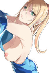 Rule 34 | 1girl, absurdres, aqua eyes, ass, bare shoulders, bodysuit, breasts, cleavage, closed mouth, hair between eyes, hair tie, high ponytail, highres, large breasts, long hair, metroid, mole, mole under mouth, nintendo, nipples, one breast out, samus aran, super smash bros., tomas (kaosu22), zero suit