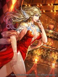 Rule 34 | 1girl, armlet, blonde hair, blue eyes, character request, company name, dated, dress, earrings, facial mark, feather hair ornament, feathers, feather hair ornament, hoop earrings, indoors, jewelry, long hair, niji2468, official art, red dress, saga, solo, sparkle