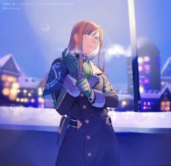 Rule 34 | 1boy, blue coat, blue gloves, brown hair, city lights, coat, crescent moon, glasses, gloves, hand up, high collar, highres, jade curtiss, long hair, moon, outdoors, red eyes, solo, steam, tales of (series), tales of the abyss, umihara unt, winter clothes