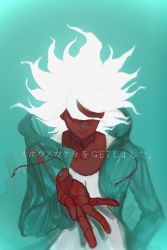 Rule 34 | 1boy, absurdres, alternate skin color, aqua background, collarbone, colored skin, commentary request, danganronpa (series), danganronpa 2: goodbye despair, green background, green jacket, hair up, hand up, highres, hood, hood down, hooded jacket, jacket, komaeda nagito, long hair, male focus, open clothes, open jacket, print shirt, red skin, sema (vivaviva 02), shirt, smile, solo, translation request, upper body, white hair, white shirt