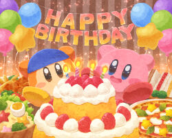 Rule 34 | balloon, bandana waddle dee, birthday, blue eyes, blush stickers, bowl, cake, candle, chicken (food), egg, food, food focus, french fries, fried chicken, happy, happy birthday, kirby, kirby (series), miclot, nintendo, no humans, open mouth, pink footwear, pizza, plate, sandwich, shoes, smile, sparkling eyes, star balloon, waddle dee, yellow footwear