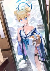 Rule 34 | 1girl, absurdres, blonde hair, blue archive, blue eyes, blush, bottle, breasts, bucket, cleavage, double bun, hair bun, halo, highres, id card, in bucket, in container, japanese clothes, kimono, long sleeves, looking at viewer, medium breasts, milk bottle, obi, sash, solo, toki (blue archive), towel, white kimono, wide sleeves, wooden bucket, yarn (yarn 03)
