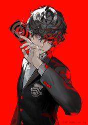 Rule 34 | 1boy, amamiya ren, between fingers, black hair, btmr game, card, card between fingers, closed mouth, formal, highres, holding, holding card, looking at viewer, messy hair, red background, red theme, simple background, solo