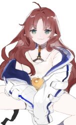 Rule 34 | 1girl, ahoge, apple, arknights, dal-gi, food, fruit, golden apple, green eyes, highres, invisible chair, jacket, long hair, looking at viewer, myrtle (arknights), open clothes, open jacket, pointy ears, red hair, shirt, simple background, sitting, smile, solo, tank top, very long hair, wavy hair, white background, white jacket, white shirt