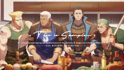 Rule 34 | 4boys, apron, bara, blonde hair, camouflage, camouflage pants, capcom, character request, chopping, cooking, copyright request, crossover, dedue molinaro, earrings, feet out of frame, fire emblem, fire emblem: three houses, food, food request, garreg mach monastery uniform, green hair, green tank top, grilling, guile, holding, holding knife, holding sword, holding weapon, indoors, jewelry, kitchen, knife, large pectorals, male focus, meat, multiple boys, multiple crossover, muscular, muscular male, nintendo, one piece, onion, pants, pectoral cleavage, pectorals, roronoa zoro, sample watermark, scar, scar across eye, short hair, standing, street fighter, sword, tank top, watermark, weapon, yuiofire