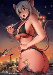 Rule 34 | animal ears, bra, breasts, cleavage, explosion, giant, giantess, highres, kkasi00, medium hair, mouse ears, mouse girl, mouse tail, nipple slip, nipples, mouse girl, tail, underboob, underwear, white hair