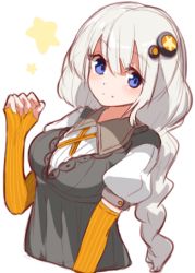 Rule 34 | 1girl, blue eyes, blush, braid, breasts, closed mouth, collared shirt, commentary request, cropped torso, dress, elbow gloves, fingerless gloves, gloves, grey dress, hair between eyes, hair ornament, hand up, kizuna akari, long hair, looking at viewer, lowres, medium breasts, orange gloves, puffy short sleeves, puffy sleeves, shirt, short sleeves, silver hair, simple background, smile, solo, star (symbol), striped clothes, striped gloves, twin braids, upper body, vertical-striped clothes, vertical-striped gloves, very long hair, voiceroid, white background, white shirt, yusake san