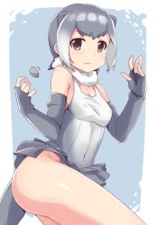 Rule 34 | 1girl, :3, animal ears, ass, bad id, bad pixiv id, bare shoulders, breasts, brown eyes, cleavage, cowboy shot, elbow gloves, fingerless gloves, fur collar, gloves, grey background, grey gloves, grey hair, grey skirt, inactive account, juggling, kemono friends, looking at viewer, medium breasts, miniskirt, otter ears, otter tail, short hair, sideboob, skirt, sleeveless, small-clawed otter (kemono friends), solo, stone, tail, twilimi, v-shaped eyebrows