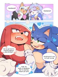 Rule 34 | 2boys, 2girls, animal ears, ariem (sonic), bat girl, bat wings, blue fur, crescent, crescent facial mark, english text, facial mark, furry, furry female, furry male, gloves, green eyes, heart, highres, horns, knuckles the echidna, looking at another, multiple boys, multiple girls, open mouth, purple eyes, red fur, rouge the bat, sheep girl, sheep horns, sk rokuro, sonic (series), sonic dream team, sonic the hedgehog, speech bubble, teeth, thought bubble, upper teeth only, white fur, white gloves, wings, yaoi