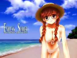 Rule 34 | 1girl, beach, bent over, bikini, blue eyes, braid, breasts, brown hair, cleavage, cloud, day, covered erect nipples, front-tie top, glasses, hair over shoulder, hat, large breasts, original, outdoors, side-tie bikini bottom, smile, solo, soshina nohito, straw hat, string bikini, swimsuit, twin braids