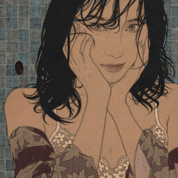 Rule 34 | 1girl, asian, black hair, brown hair, camisole, canvas (medium), fine art parody, fingernails, hands on own cheeks, hands on own face, ikenaga yasunari, lips, looking at viewer, medium hair, messy hair, nihonga, off shoulder, original, parody, patterned background, patterned clothing, realistic, smile, solo, traditional media, upper body