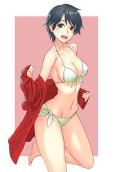 Rule 34 | 10s, 1girl, :d, alternate costume, bare arms, bare legs, bare shoulders, barefoot, bikini, blush, border, breasts, brown eyes, cleavage, collarbone, commentary request, front-tie bikini top, front-tie top, green bikini, green hair, green ribbon, jacket, kantai collection, leg up, long sleeves, looking at viewer, medium breasts, mogami (kancolle), navel, open clothes, open jacket, open mouth, red jacket, ribbon, side-tie bikini bottom, sleeves past wrists, smile, solo, standing, standing on one leg, stomach, swimsuit, track jacket, white border, yuuji (and)