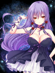 Rule 34 | 1girl, asazuki kanai, bare shoulders, breasts, choker, cleavage, closed mouth, dress, female focus, flower, frilled dress, frills, hand in own hair, hand on own hip, hand up, lace-up, large breasts, long hair, original, purple hair, purple ribbon, red eyes, red flower, red rose, ribbon, ribbon choker, rose, sleeveless, sleeveless dress, solo, thorns, upper body, very long hair