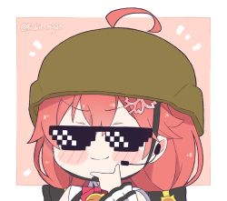Rule 34 | ahoge, blush stickers, chibi, commentary, deal with it (meme), english commentary, helmet, hololive, kukie-nyan, long hair, low twintails, meme, pink hair, sakura miko, sakura miko (casual), shirt, smile, solo, sunglasses, twintails, twitter username, virtual youtuber, white shirt