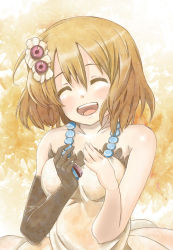 Rule 34 | 00s, 1girl, bad id, bad pixiv id, bare shoulders, brown hair, castanets, don&#039;t say &quot;lazy&quot;, dress, elbow gloves, closed eyes, female focus, gloves, hair ornament, hirasawa yui, instrument, k-on!, norapen, short hair, smile, solo, un tan