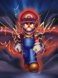 Rule 34 | 1boy, angry, aura, blue eyes, brown hair, cape, cape mario, cloud, electricity, facial hair, gloves, glowing, glowing eyes, hat, highres, looking at viewer, mario, mario (series), mustache, nintendo, overalls, super mario world, walking, yellow cape