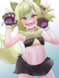 Rule 34 | &gt;:), absurdres, animal ears, animal hands, black skirt, blue background, blunt bangs, breasts, cleavage cutout, clothing cutout, delutaya, dot nose, ear tag, facial mark, fang, fur-trimmed gloves, fur collar, fur trim, gloves, gradient background, green hair, green tail, highres, indie virtual youtuber, ksatorium531, looking at viewer, medium hair, miniskirt, navel, parted bangs, paw gloves, paw pose, red eyes, see-through, see-through skirt, side-tie peek, sidelocks, simple background, skirt, small breasts, smile, v-shaped eyebrows, virtual youtuber