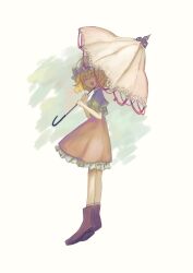 Rule 34 | 1girl, absurdres, bare legs, blonde hair, boots, brown dress, brown footwear, closed eyes, dress, facing viewer, flandre scarlet, frilled dress, frilled hat, frilled sleeves, frilled umbrella, frills, full body, green background, hands up, hat, highres, holding, holding umbrella, mob cap, open mouth, puffy short sleeves, puffy sleeves, shaded face, short hair, short sleeves, solo, standing, touhou, two-tone background, umbrella, uzumibi, white background, white headwear, white umbrella