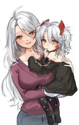 Rule 34 | absurdres, aged down, alternate costume, antenna hair, azur lane, bare shoulders, carrying, carrying person, casual, chan&#039;nu, child, child carry, contemporary, cowboy shot, cross, denim, dual persona, highres, jeans, little prinz eugen (azur lane), long hair, looking at viewer, mother and daughter, multicolored hair, multiple girls, orange eyes, pants, prinz eugen (azur lane), smile, streaked hair, sweater, two-tone gloves, two side up