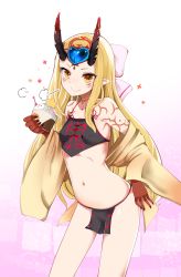 Rule 34 | 1girl, bare shoulders, blonde hair, blush, breasts, chinese clothes, closed mouth, collarbone, commentary request, cosplay, covered erect nipples, dudou, facial mark, fate/grand order, fate (series), food, forehead jewel, gradient background, hand up, highres, holding, horns, ibaraki douji (fate), ice, ice cream, long hair, long sleeves, looking at viewer, navel, oni, oni horns, pink background, pointy ears, shoulder tattoo, shuten douji (fate/grand order), shuten douji (halloween caster) (fate), shuten douji (halloween caster) (fate) (cosplay), small breasts, smile, solo, standing, takara akihito, tattoo, triple scoop, v-shaped eyebrows, very long hair, white background, wide sleeves