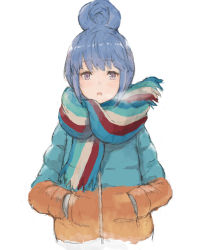 Rule 34 | 1girl, blue hair, breath, hair bun, hands in pockets, highres, iwauchi tomoki, jacket, open mouth, purple eyes, scarf, shima rin, simple background, single hair bun, solo, striped clothes, striped scarf, white background, winter clothes, yurucamp